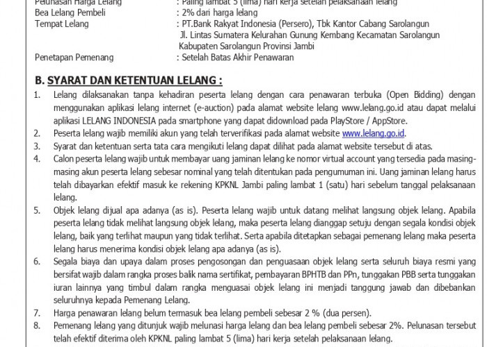 Pengumuman Kedua Lelang Eksekusi Hak Tanggungan BRI Debitur Atas Nama Alex Sander