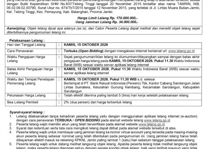 Pengumuman Kedua Lelang Eksekusi Hak Tanggungan BRI Debitur a.n. Kurnia Aminah, Siti Jamilah dan Tamrin