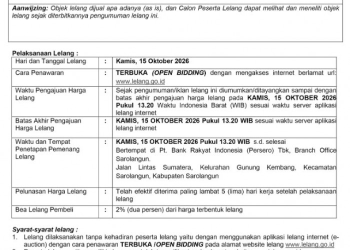  Pengumuman Kedua Lelang Eksekusi Hak Tanggungan BRI Debitur Atas Nama Edison dan Herlina