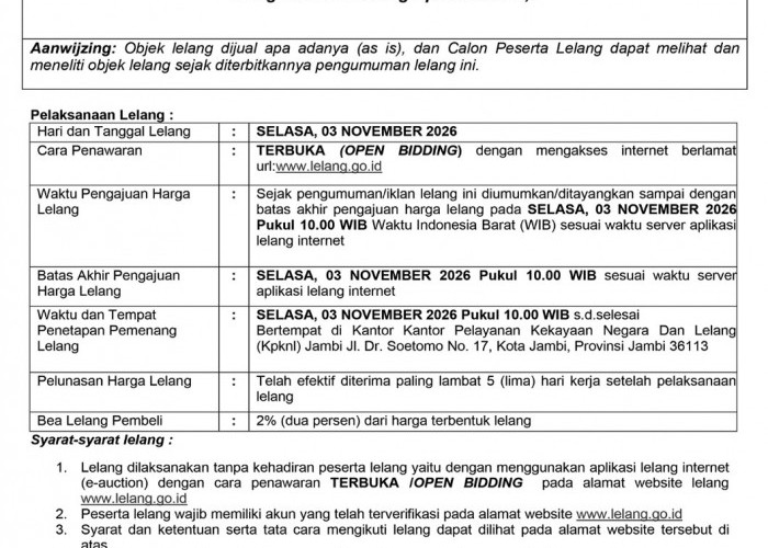  Pengumuman Kedua Lelang Eksekusi Hak Tanggungan BRI Debitur Atas Nama Jusniati dan Muharimin