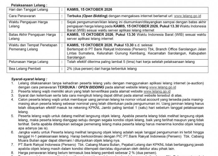 Pengumuman Kedua Lelang Eksekusi Hak Tanggungan BRI Debitur Atas Nama Zainul Bakri