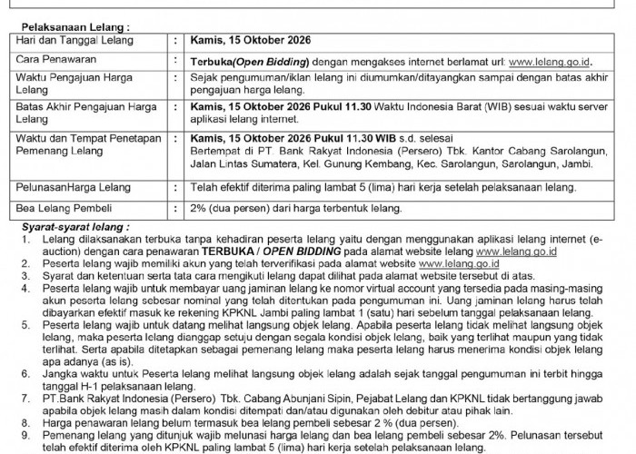  Pengumuman Kedua Lelang Eksekusi Hak Tanggungan BRI Debitur a.n Jhon Perkasa Energi dan Dinni Sri Novianti