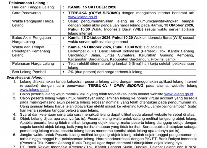 Pengumuman Kedua Lelang Eksekusi Hak Tanggungan BRI Debitur Atas Nama Kusnady dan Abu Bakar