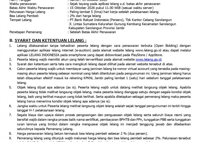 Pengumuman Kedua Lelang Eksekusi Hak Tanggungan BRI Debitur Atas Nama M. Arif Sutikjo