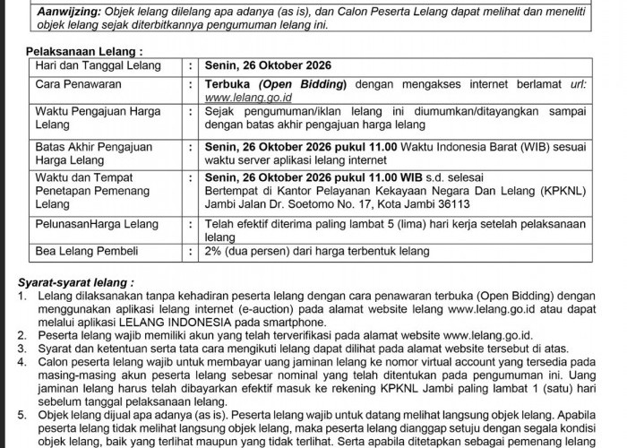  Pengumuman Kedua Lelang Eksekusi Hak Tanggungan BRI Debitur a.n Mariyatul Kaptiyah dan Zulkarnain