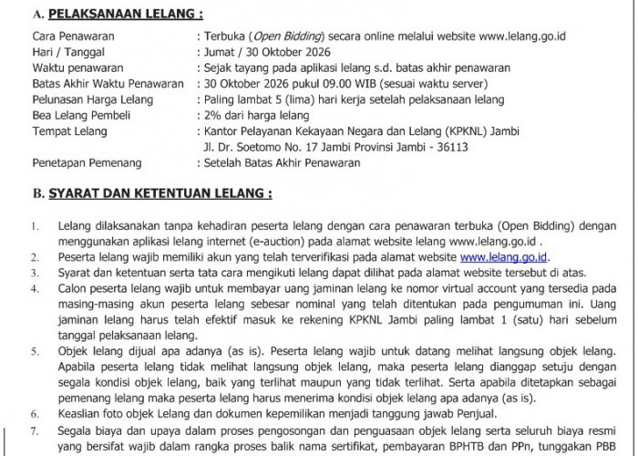 Pengumuman Lelang Ulang Lelang Eksekusi Hak Tanggungan BRI Debitur Atas Nama Yuliardi Bambang Irawan
