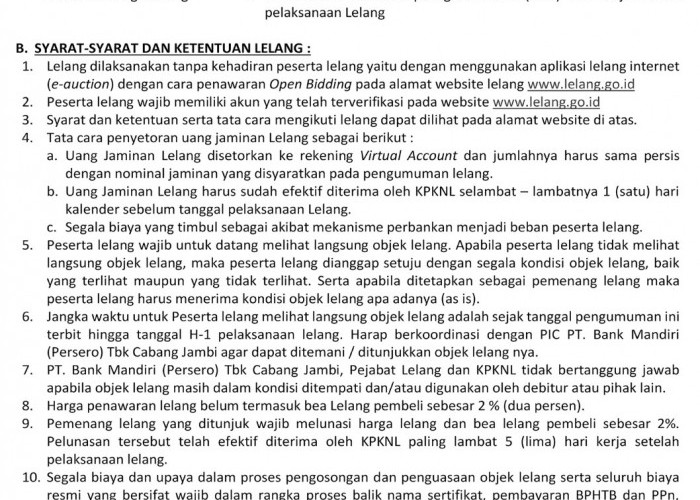 Pengumuman Kedua Lelang Eksekusi Hak Tanggungan Bank Mandiri Debitur Atas Nama Dewi Rahayu 