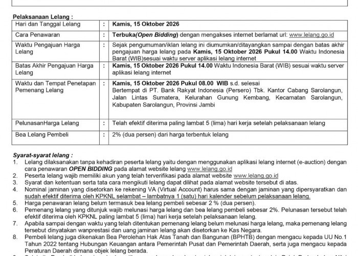  Pengumuman Kedua Lelang Eksekusi Hak Tanggungan BRI Debitur Atas Nama Syaharudin Afriansyah 