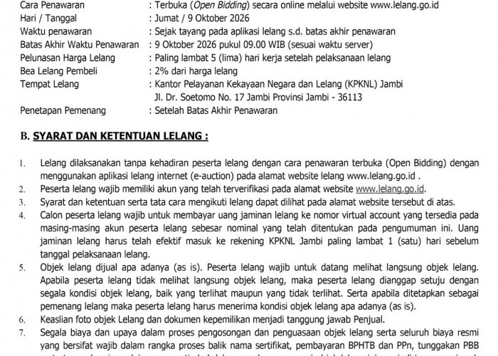 Pengumuman Kedua Lelang Eksekusi Hak Tanggungan BRI Debitur Atas Nama YULIARDI BAMBANG IRAWAN 