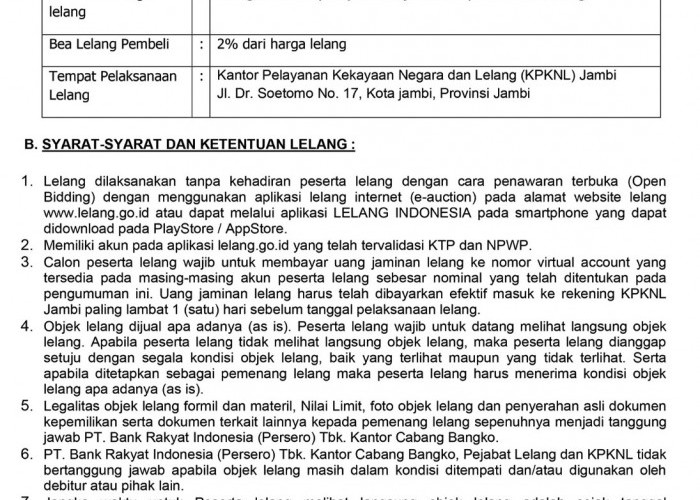 Pengumuman Kedua Lelang Eksekusi Hak Tanggungan BRI Debitur Atas Nama Selamet Edi Sucipto