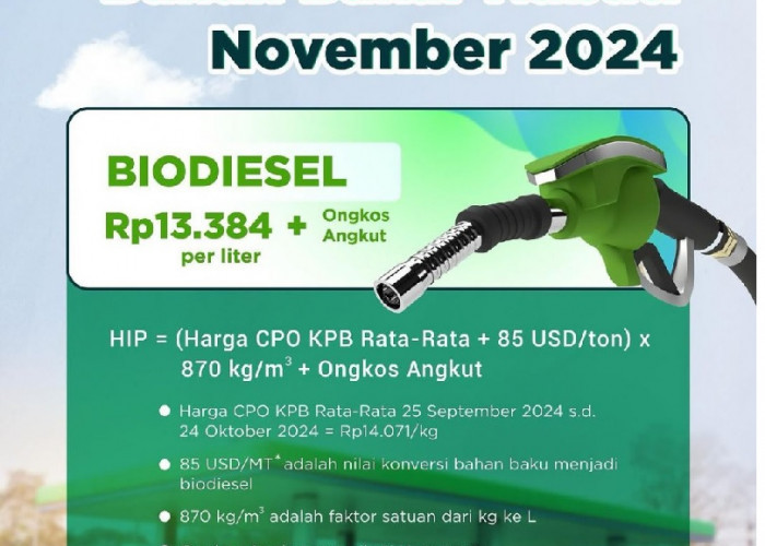 RESMI! Harga Indeks Pasar BBN Biodiesel Bulan November 2024 Dipatok Rp13.384 per Liter