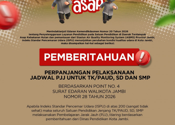 Kabut Asap Belum Aman, Siswa TK hingga SMP di Kota Jambi Kembali PJJ
