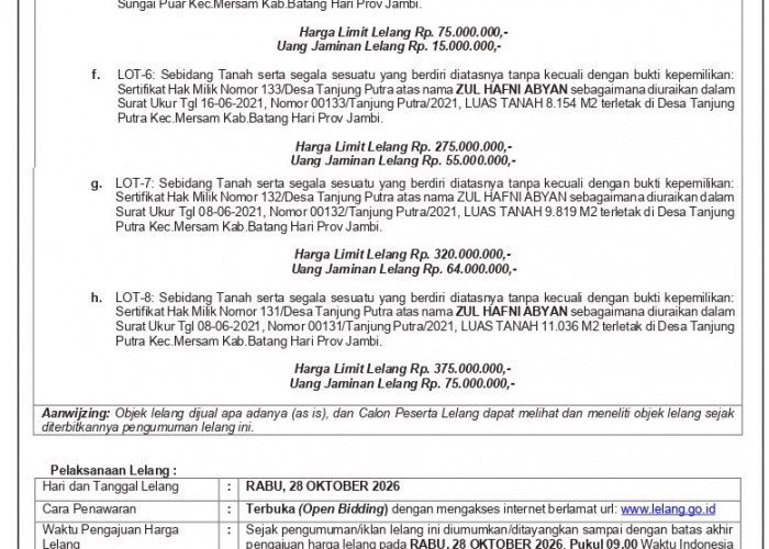 Pengumuman Lelang Ulang Lelang Eksekusi Hak Tanggungan BRI Debitur a.n Eva Sissel Siahaan dan CV. Yoza Pratama