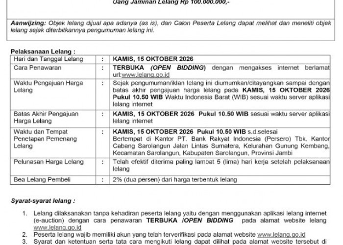 Pengumuman Kedua Lelang Eksekusi Hak Tanggungan BRI Debitur Atas Nama Indra Gunawan