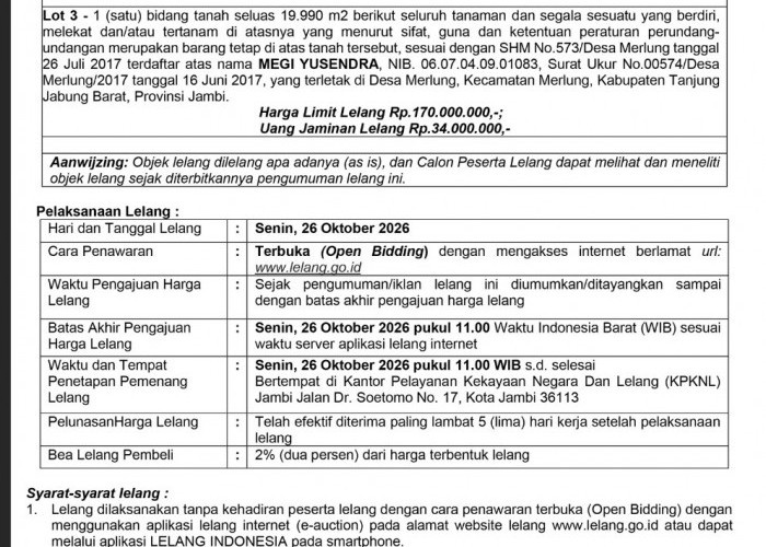  Pengumuman Kedua Lelang Eksekusi Hak Tanggungan BRI Debitur a.n. Sutinah dan Megi Yusendra