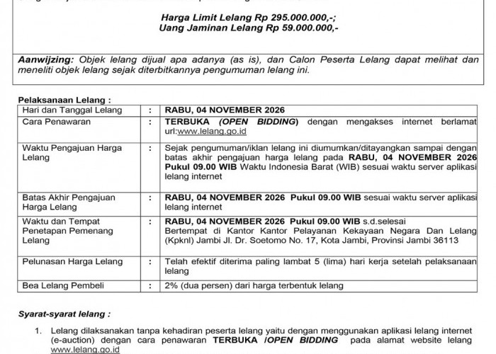 Pengumuman Ulang Lelang Eksekusi Hak Tanggungan BRI Debitur Atas Nama Indra Gunawan