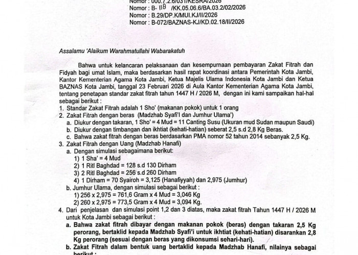 Zakat Fitrah 2026 di Kota Jambi Resmi Ditetapkan, Segini Nominalnya!