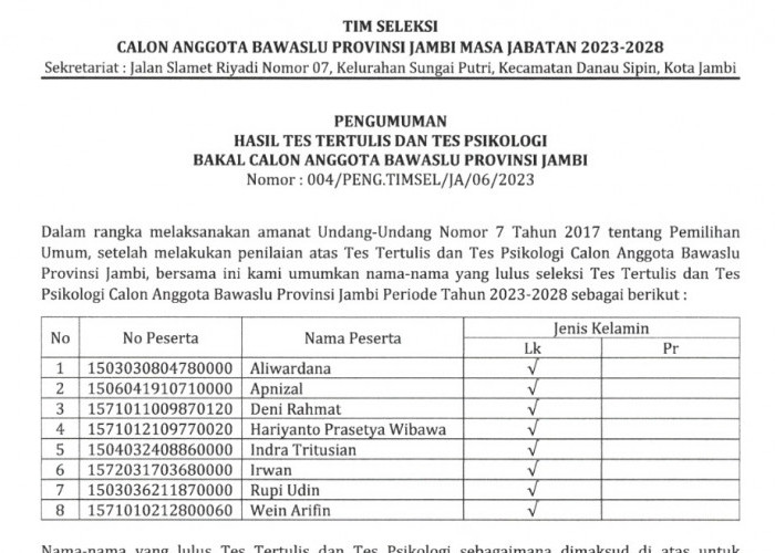 Timsel Umumkan 8 Besar Calon Bawaslu Provinsi Jambi, Ini nama-namanya  