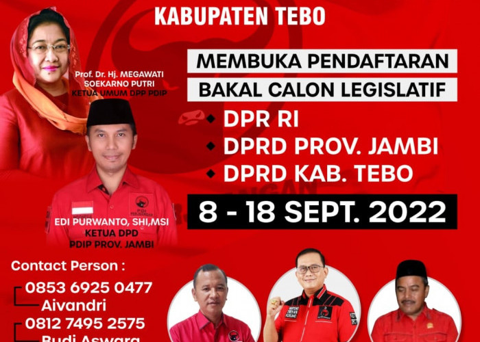 PDIP Kabupaten Tebo Buka Pendaftaran Bakal Calon Legislatif, 8 Hingga 18 September 2022