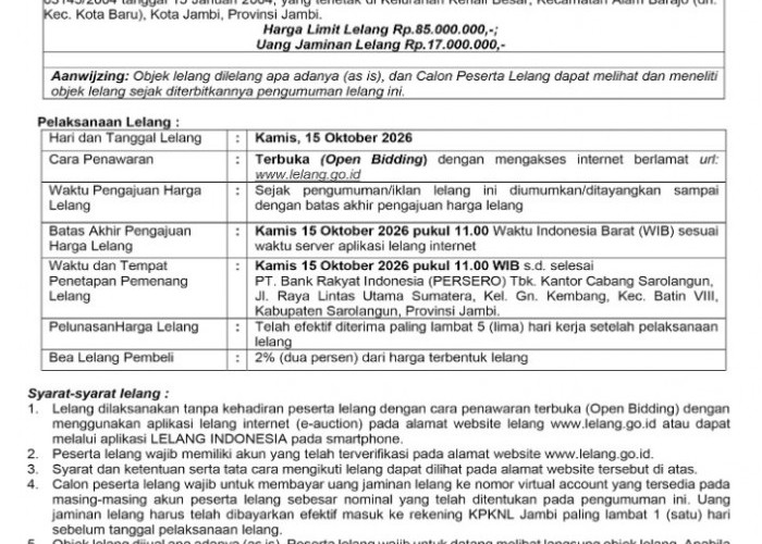  Pengumuman Kedua Lelang Eksekusi Hak Tanggungan BRI Debitur Atas Nama Yesi Susanti dan Sulaiman Nur