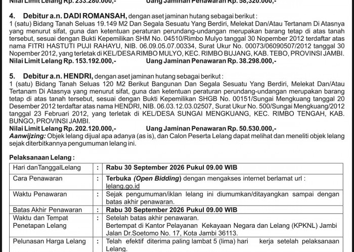 PENGUMUMAN KEDUA LELANG EKSEKUSI HAK TANGGUNGAN BNI Debitur Atas Nama  ANJAS ASMARA, DADI ROMANSAH dan  HENDRI