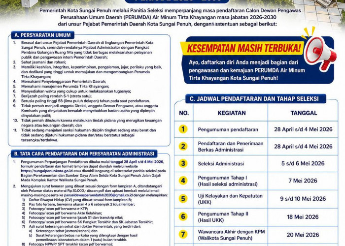 Seleksi Dewan Pengawas Perumda Tirta Khayangan Diperpanjang hingga 4 Mei 2026