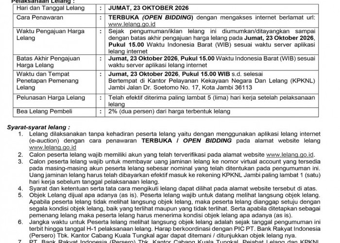 Pengumuman Kedua Lelang Eksekusi Hak Tanggungan BRI Debitur Atas Nama Saeroni 