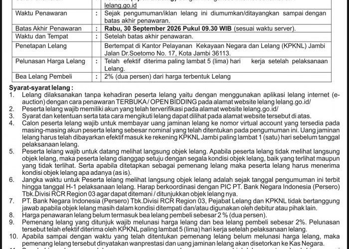 PENGUMUMAN KEDUA LELANG EKSEKUSI HAK TANGGUNGAN BNI Debitur Atas Nama IYAN TAUFIK