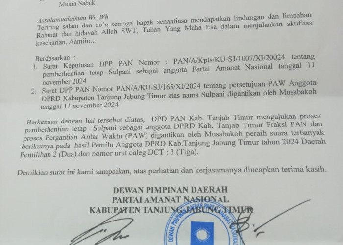 Mengejutkan ! PAN Dikabarkan PAW Salah Satu Anggota DPRD Tanjabtim