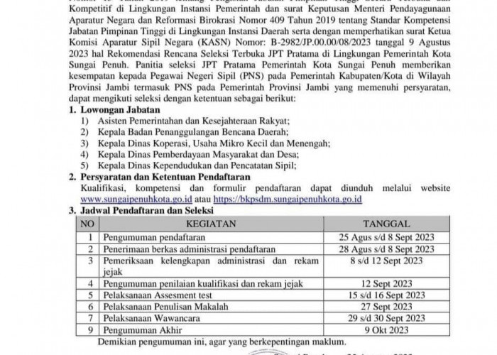 Lelang Jabatan Tiga Kadis, BPBD dan Asisten Wako Sungai Penuh Dibuka, Ini Syaratnya