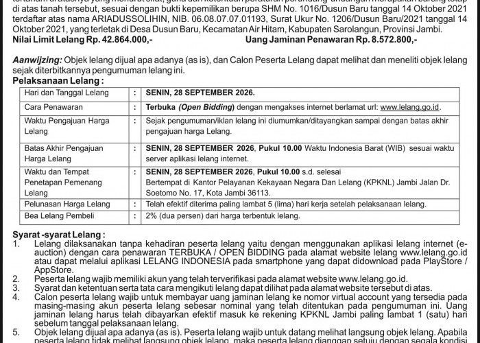 PENGUMUMAN KEDUA LELANG EKSEKUSI HAK TANGGUNGAN BNI Debitur Atas Nama Yusminar