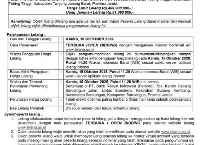 Pengumuman Kedua Lelang Eksekusi Hak Tanggungan BRI Debitur Atas Nama Aprizal Effendi Alias Afrizal Effendi