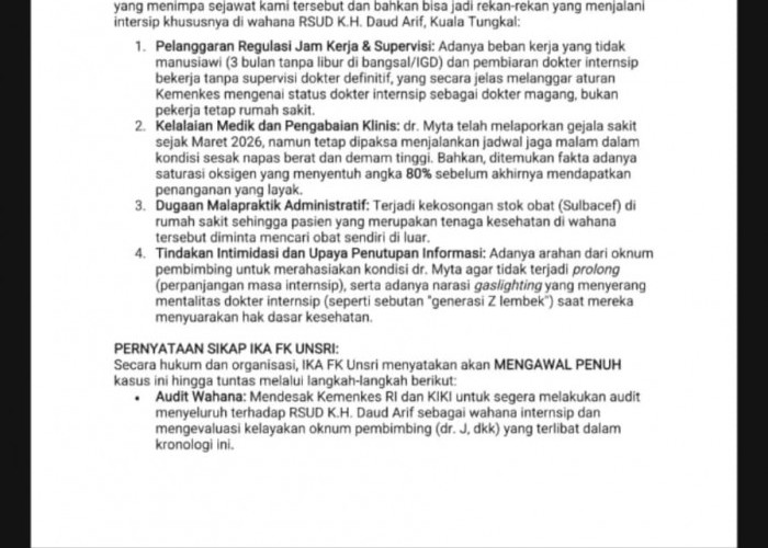 Dokter Internship RSUD Daud Arif Meninggal, IKA FK UNSRI Kecam Rumah Sakit