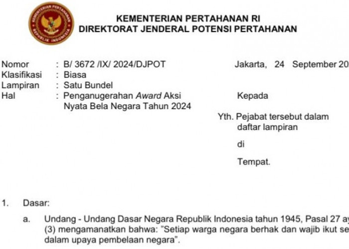 Buruan Ikutan! Kemenhan Selenggarakan Penganugerahan Award Aksi Kepada Nyata Bela Negara 2024, Syaratnya..