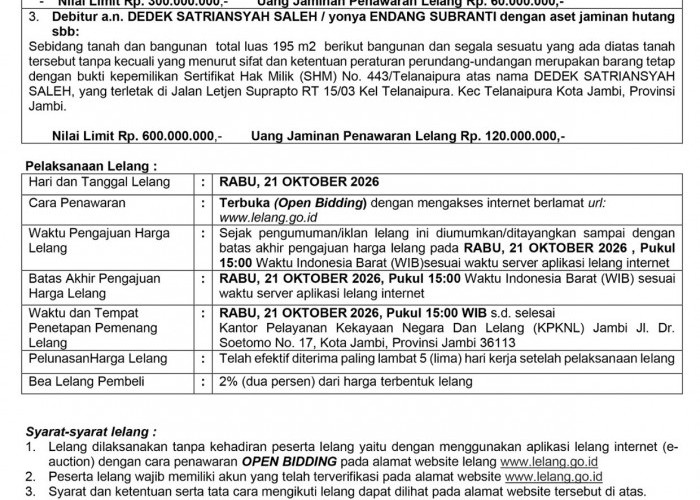 Pengumuman Kedua Lelang Eksekusi Hak Tanggungan BRI a.n PT. Putra Mega Medika dan Dedek Satriansyah Saleh 