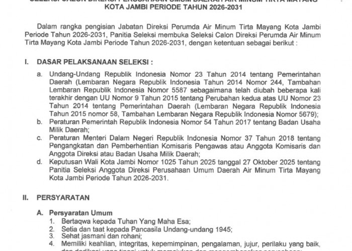 Resmi Dibuka! Seleksi Direksi Perumda Tirta Mayang Kota Jambi, Tanpa Pungutan Biaya