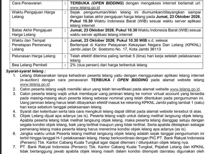 Pengumuman Kedua Lelang Eksekusi Hak Tanggungan BRI Debitur a.n. Monikah dan Chu Harno