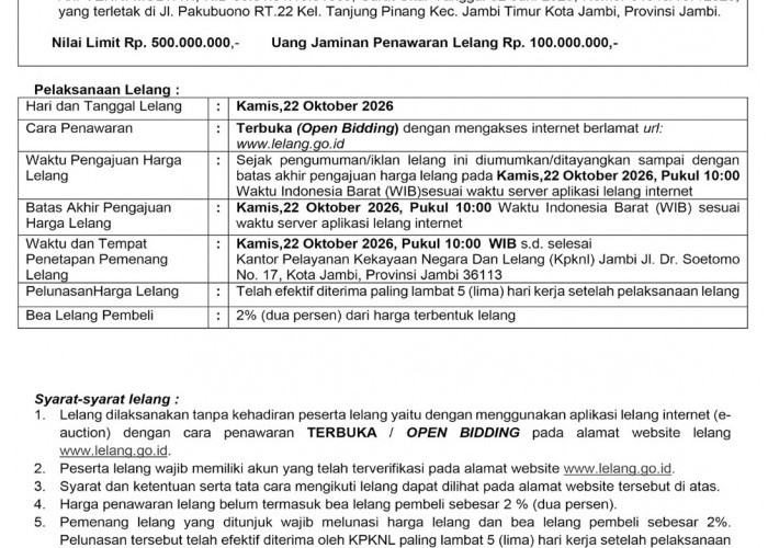 Pengumuman Kedua Lelang Eksekusi Hak Tanggungan BRI Debitur Atas Nama Ali Munir Ben dan Yenni Mulyati