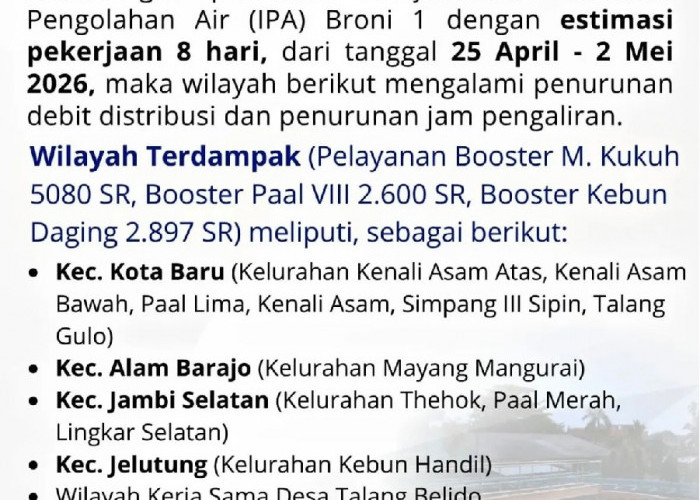 Harus Tampung Air! Mulai 25 April Aliran PDAM Tirta Mayang Tak Normal, Ini Wilayah yang Terdampak