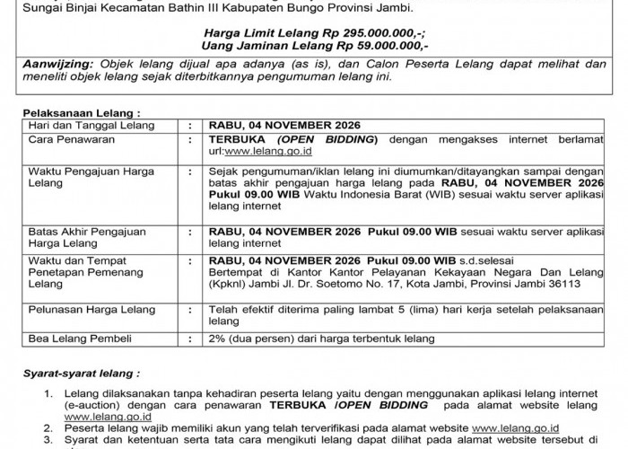 Pengumuman Ulang Lelang Eksekusi Hak Tanggungan BRI Debitur Atas Nama Indra Gunawan