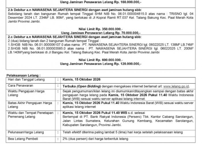 Pengumuman Kedua Lelaang Eksekusi Hak Tanggungan BRI Debitur a.n Wiwin Aditia Safitri dan Nawasena Sejahtera
