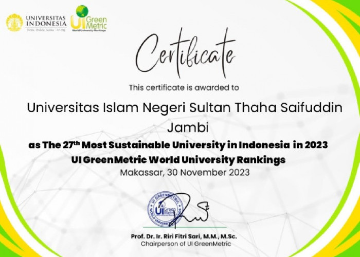 Meningkat, UIN STS Jambi Kembali Raih Rangking di UI Greenmetric World University Rangking 2023