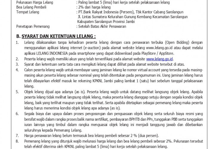 Pengumuman Kedua Lelang Eksekusi Hak Tanggungan BRi Debitur Atas Nama Eko Sriwahyuni