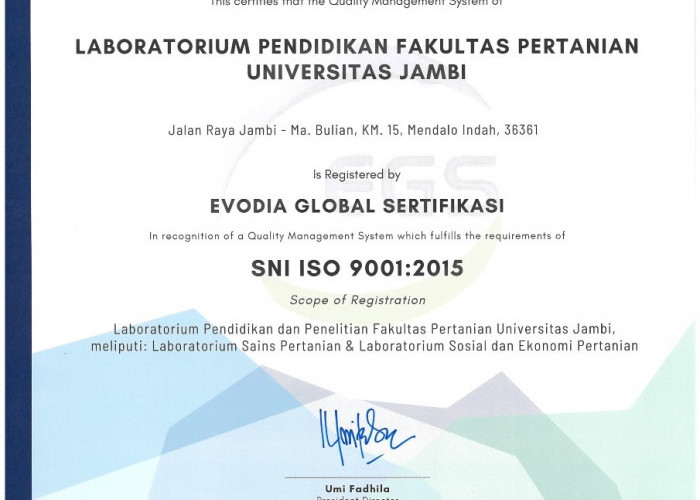 Pertama di UNJA, Seluruh Prodi S1 dan Laboratorium di Fakultas Pertanian Meraih ISO 21001:2018 dan ISO 9001:20