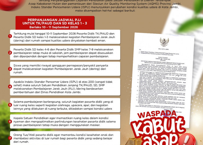 Pemkot Jambi Kembali Terbitkan SE Dampak Kabut Asap, PJJ Diterapkan untuk PAUD dan SD Kelas 1–3
